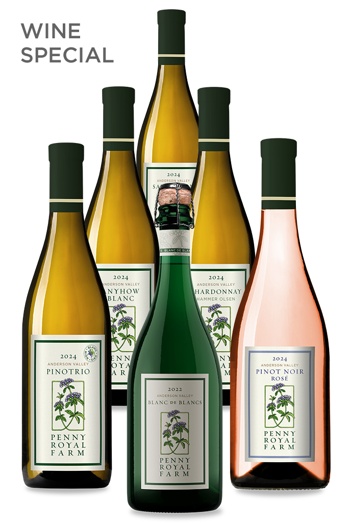 Anyhow Blanc, Blanc de Noir, PinoTrio, Sauvignon Blanc, Pinot Noir Rosé, Chardonnay, Anderson Valley, Pennyroyal Farm